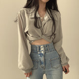 Kukombo discover style ideas Chic Early Spring French Style Niche Design Back Lace-up Butterfly Knot Navel Short Shirt Top for Women