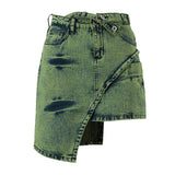 Kukombo lookbook outfits Summer Popular Niche Design Denim Half-Length Asymmetric Washed Green Denim Skirt Summer Denim Skirt