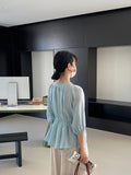 Kukombo Gentle and cool with a sense of luxury round neck three-quarter sleeve tie shirt female pleated shirt top 1089