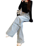 Kukombo discover style ideas 2024 New Spring and Summer High Waist Straight Pants Jeans All-Match Trousers Bow Design Loose Wide Leg Pants for Women