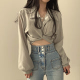 Kukombo discover style ideas Chic Early Spring French Style Niche Design Back Lace-up Butterfly Knot Navel Short Shirt Top for Women