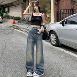 2024 new retro blue high waist loose wide leg drape mopping all-match straight jeans