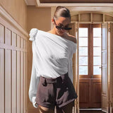 Kukombo bleach clothes design 2024 Spring and Autumn New Style Long Sleeve Fashion Oblique Shoulder Chiffon Flower T-shirt Top for Women