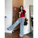 Kukombo discover style ideas 2024 New Spring and Summer High Waist Straight Pants Jeans All-Match Trousers Bow Design Loose Wide Leg Pants for Women