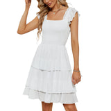 earthy style outfits dress to impress Spring and Summer Women's Solid Color Square Collar Layered Dress