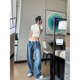 y2k outfits American Retro Jeans Design Waist Head Flanging Loose Wide-Leg Pants Simple Casual Straight Pants Ins