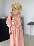 Kukombo [Jasmine Sweet Tea] Romantic Texture Wrinkled Sunscreen Slightly Transparent Shirt + Swing Skirt Pink Suit 110