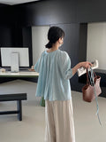 Kukombo Gentle and cool with a sense of luxury round neck three-quarter sleeve tie shirt female pleated shirt top 1089