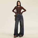 Kukombo 2000s dti Retro Waste Soil Style Wide-Leg Jeans Women's Autumn New High Waist Loose Slimming Straight Lazy Draping Mop Pants