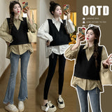 Kukombo misunderstood outfit Spring New Korean Style Loose Fashion Striped Fake Two-Piece Stitching Shirt Maternity Top