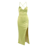 Kukombo suspender dress women's clothing satin high slit V-neck backless strap dress