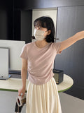 Kukombo Comic Figure Pleated Solid Color Round Neck T-shirt Women's Summer All-match Slim Korean Short Top Summer 1090