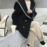 Kukombo Navy Collar Double Breasted Oversized Woolen Jacket