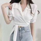 Kukombo discover style ideas Chic Summer French Style Niche Design Cross V-neck Lace-up Waist Short White Shirt Top for Women