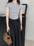 Kukombo drawstring waist knit sweater design half high collar slim fit thin shoulder sleeve bottoming shirt summer 8879
