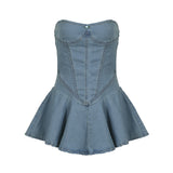 birthday outfit 2024 Summer Tube Top Elastic Waist A- line Dress Split Sexy Lotus Leaf Hem Sheath Denim Skirt