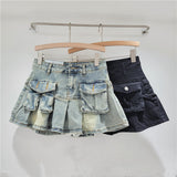 Kukombo discover style ideas Age-Reducing Pocket Denim Small Skirt Women's Small Hot Girl Pleated Skirt Retro High Waist Anti-Exposure A- line Skirt