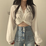 Kukombo discover style ideas Chic Early Spring French Style Niche Design Back Lace-up Butterfly Knot Navel Short Shirt Top for Women