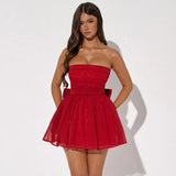 homecoming dresses 2024 Spring New Fashionable Elegant Solid Color Tube Top off-the-Shoulder Thin Flash Tight Waist Mesh Stitching Dress