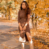 Kukombo Elegant Brown Sheath Rib Dress Women Fashion Side Open Half Turtleneck Long Dresses Female Chic Vestidos