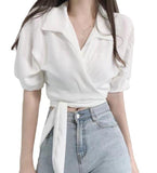 Kukombo discover style ideas Chic Summer French Style Niche Design Cross V-neck Lace-up Waist Short White Shirt Top for Women