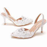 android vs cyberborg dress to impress 7cm Low-Cut Pointed Sandals White Lace Beaded Stiletto Heel Sandals plus Size Wedding Shoes Bridal Wedding Party