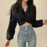 Kukombo discover style ideas Chic Early Spring French Style Niche Design Back Lace-up Butterfly Knot Navel Short Shirt Top for Women