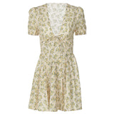 Kukombo dress to impress codes French Sweet Style Autumn New Sexy Deep V Thin Waist Short Sleeve Mid Pleated Floral Dress Women