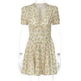 Kukombo dress to impress codes French Sweet Style Autumn New Sexy Deep V Thin Waist Short Sleeve Mid Pleated Floral Dress Women
