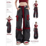 street wear High Street Multi-Pocket Color Matching Hip Hop Overalls Women's Functional Style Loose Casual Trousers Fashion