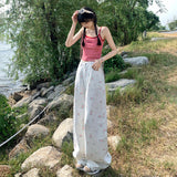 Kukombo Original new retro floral loose wide-leg pants high waist slim all-match mopping small fresh jeans