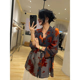 outfit Spring and Summer New Style Shirt Single Chic Top Light Mature French Style Printed Loose Long Sleeve Sexy Shirt for Women