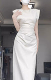 Kukombo Retro Mermaid Satin White Prom Dresses Birthday Outfits With Ruffle