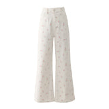 Kukombo Original new retro floral loose wide-leg pants high waist slim all-match mopping small fresh jeans