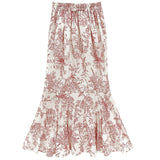 Kukombo Mid-length skirt for women Retro print Fashion high waist versatile A-line slim chiffon floral fishtail skirt