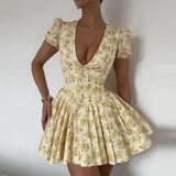 Kukombo dress to impress codes French Sweet Style Autumn New Sexy Deep V Thin Waist Short Sleeve Mid Pleated Floral Dress Women