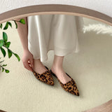 Kukombo Women Slippers Pointed Toe Leopard Design Shallow Slip on Thin Low Heels Black Flock Design Casual Mules Loafers Black Outdoor