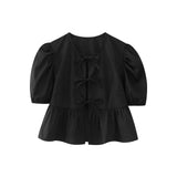 Kukombo Women's Summer Babydoll T-Shirt Solid Stripe Short Puff Sleeve Round Neck Tie-Up Front Peplum Tops blusa mujer moda