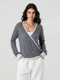 Kukombo Women's V-neck Oversized Sweaters Contrast Y2k Milkmaid T-Shirt Autumn Long Sleeved Fashion Knit Sweater Pullover Top Streetwear