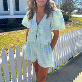 Kukombo 2 Piece Outfits Women Y2k Plaid Print Tie Front Short Sleeves Tops and Elastic Shorts Club Streetwear Fashion Clothes