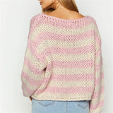 Kukombo Women Oversized Striped Sweater Vintage Loose Drop Shoulder Long Sleeve Crochet Pullover Fall Winter Preppy Knitwear
