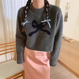 Kukombo Women Y2K Bow Sweater Top Crew Neck Oversized Pullover Jumper Cute Print Long Sleeve Knit Sweater Streetwear