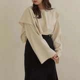 Kukombo Women Ruffle T Shirts Korean Elegant All Match Female Loose Long Sleeve Tops Fashion Patchwork Casual Tees Spring New