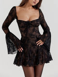 Kukombo France Elegant Mesh Dresses Women's Long Sleeve Lace Up Evening Party Club Vestido Spring Summer Vintage Robe Mujer