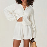 Kukombo Fashion Linen Shorts Outfits Women 2 Piece Set Tie Front Long Sleeve Shirt and Ruffle Shorts Lounge Matching Set Tracksuit