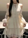 Kukombo Korea White Halter Hollow Out Off Shoulder Dresses Advanced Sense Waist Retraction Fantasy Gentle Short Lady's Clothes