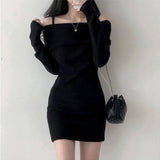 Kukombo Fashion Women Korean Dress Casual Sexy Elegant Female Mini Dresses Y2K All Match Knitted Long Sleeve Dress Spring New