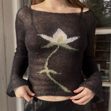 Kukombo Cottage Flower Long Sleeve Knitted Crop Tops Aesthetic See Through Sweater Tees Vintage Y2k Gyaru Crop Tops Jumpers