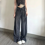 Kukombo Vintage Women High Waist Jeans Korean Casual Streetwear Loose Denim Wide Leg Pants Female All Match Straight Trousers