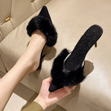 Kukombo Spring Pointed Toe Mules Shoes 2024 Women Slippers Slip On Women Fashion Girls Comfrot Heel Shoes Party High Heel Fur Sandals